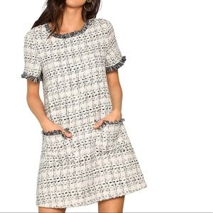 Black and White Puff Sleeve Sheath Midi Dress